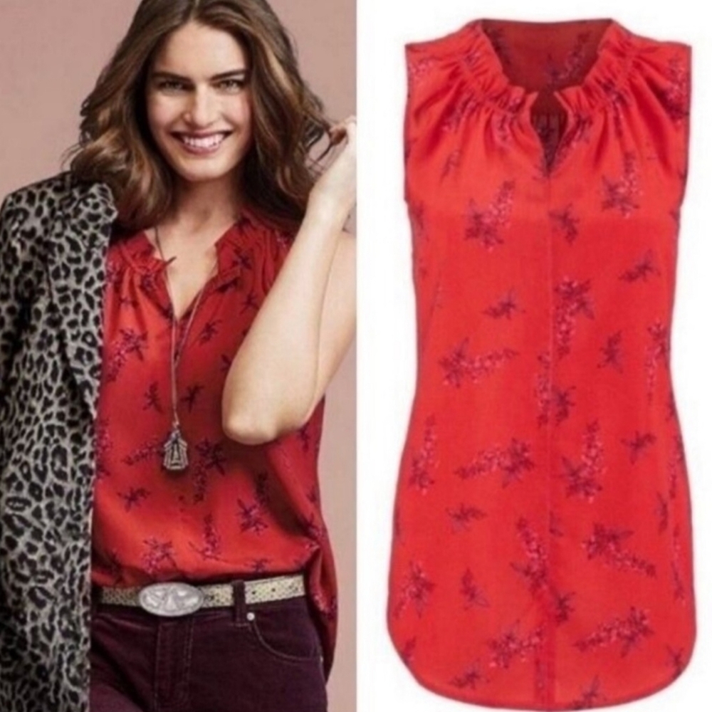 Cabi 5222 Red Floral Fierce Sprig Sleeveless Blouse Size XL